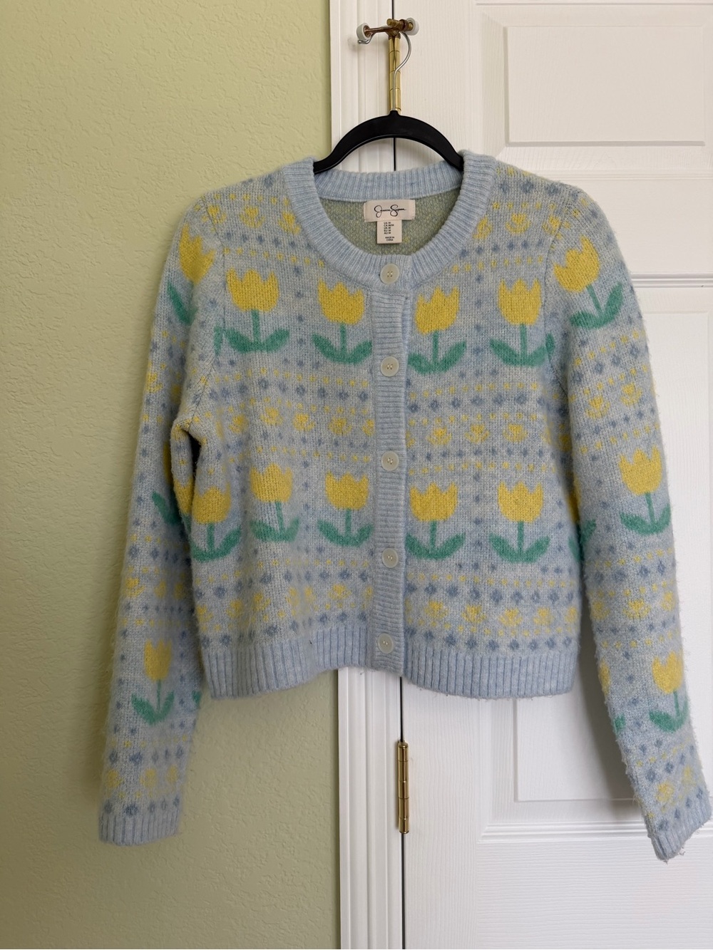 Jessica Simpson Floral Tulip Fair Isle Button Up Cardigan Sweater M Light Blue